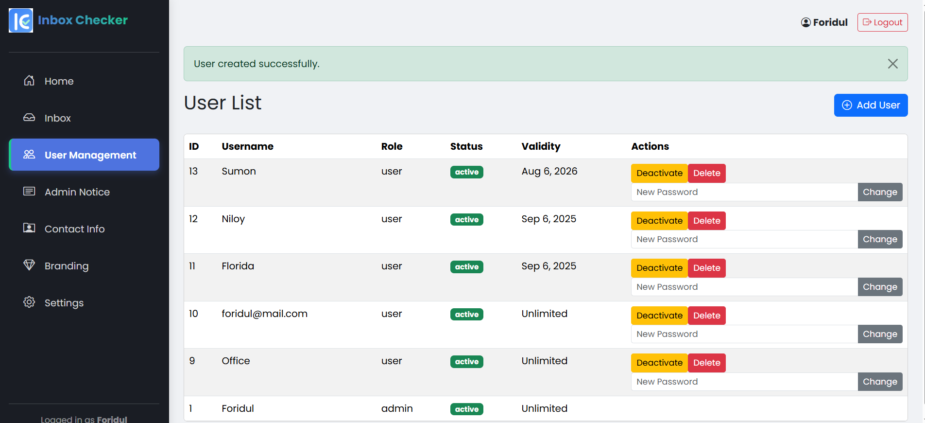 User Management dashboard